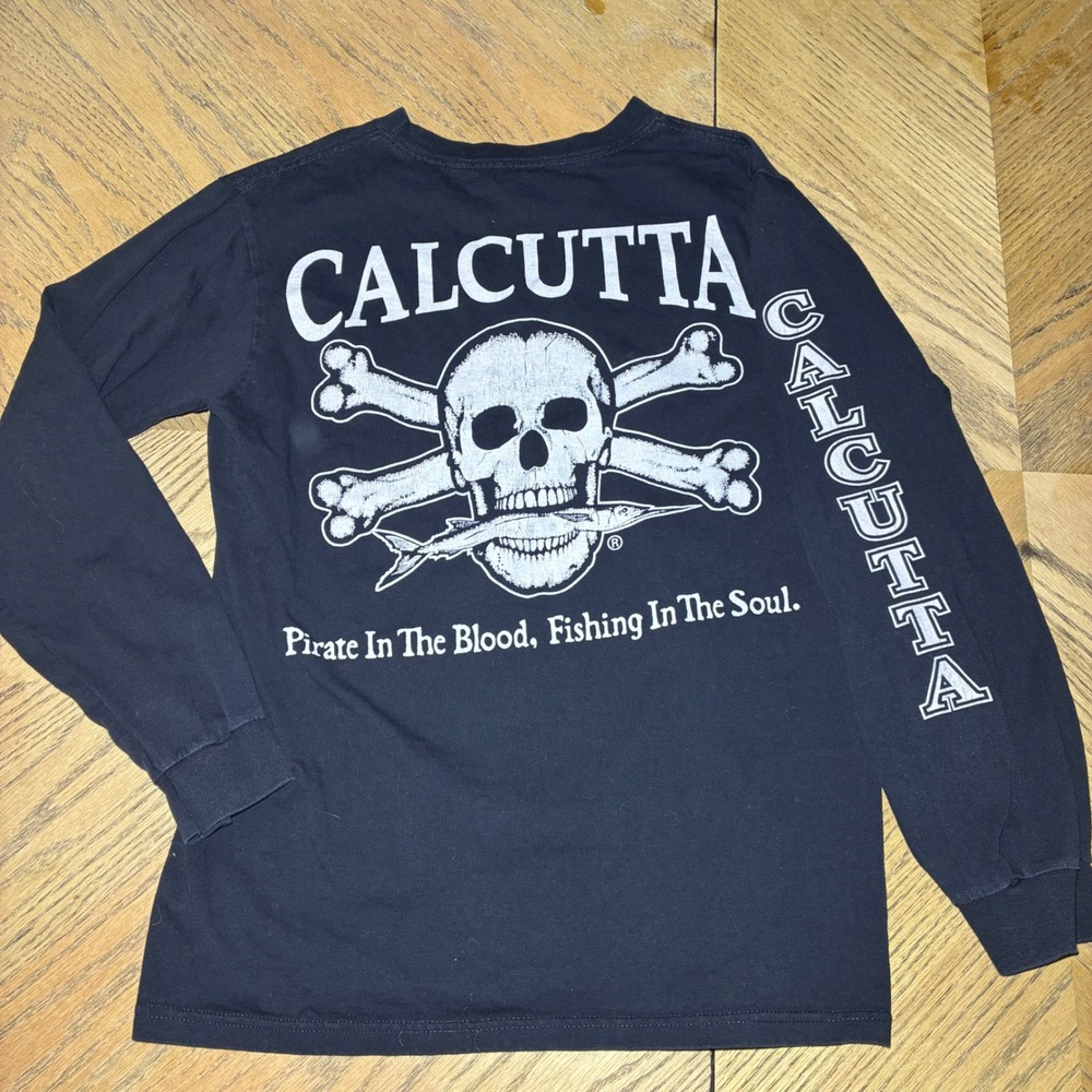 Calcutta Fishing Pirate In The Blood Skull Black Long Sleeve Pocket T-Shirt M